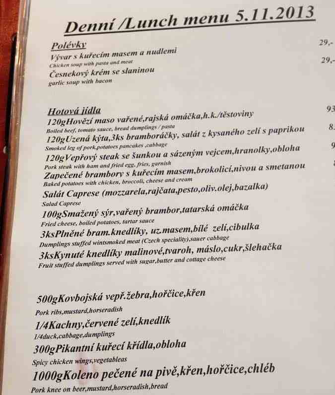 menu restaurant praga