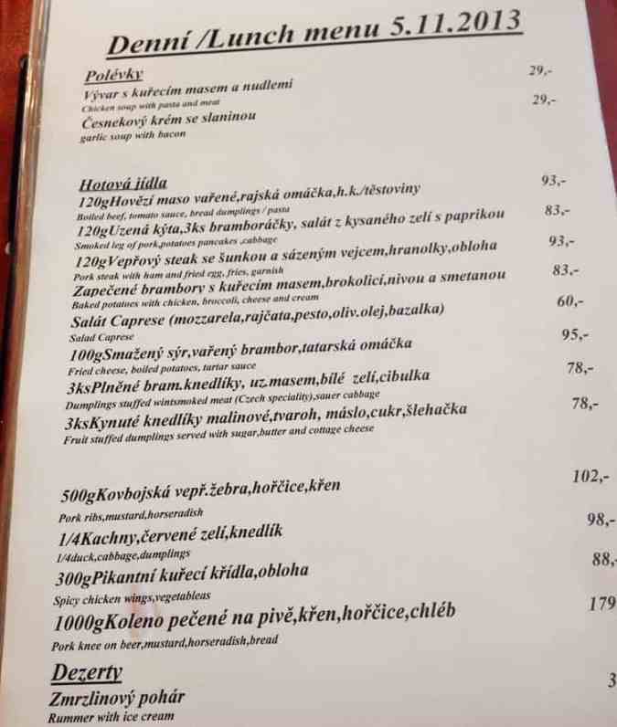 menu restaurant praga