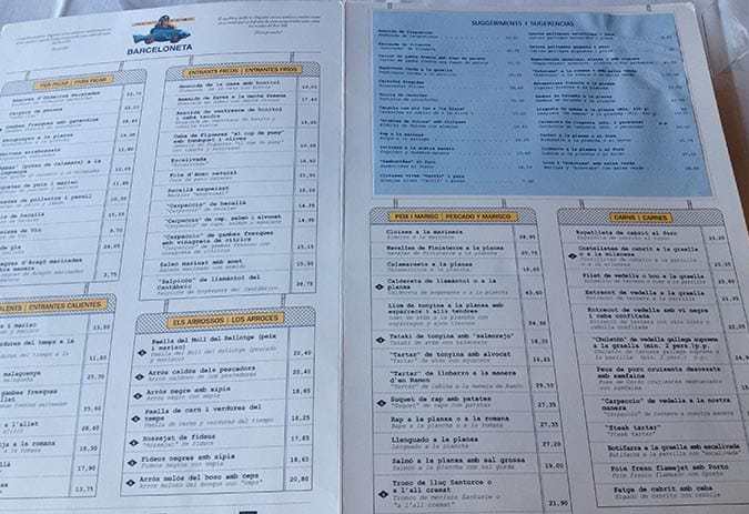 menu restaurant barceloneta