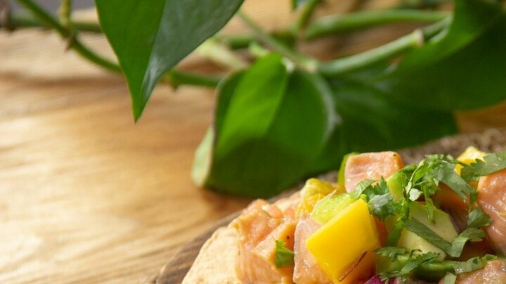 tostadas de salmón con mango y aguacate.