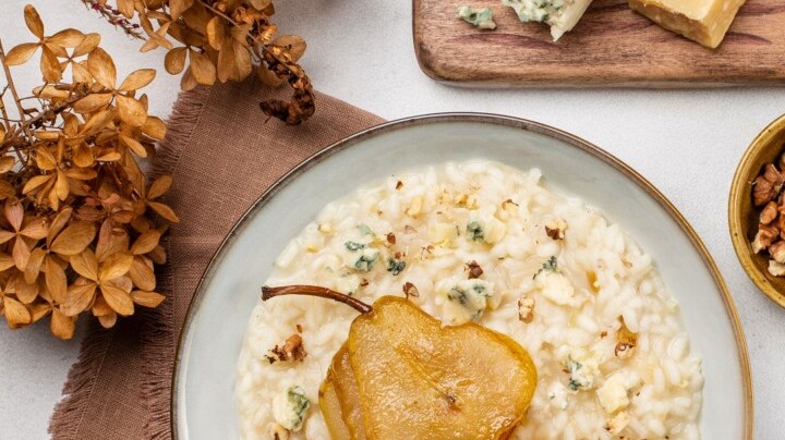 risotto de queso azul y peras