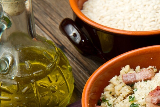 risotto de tocino y champiñones