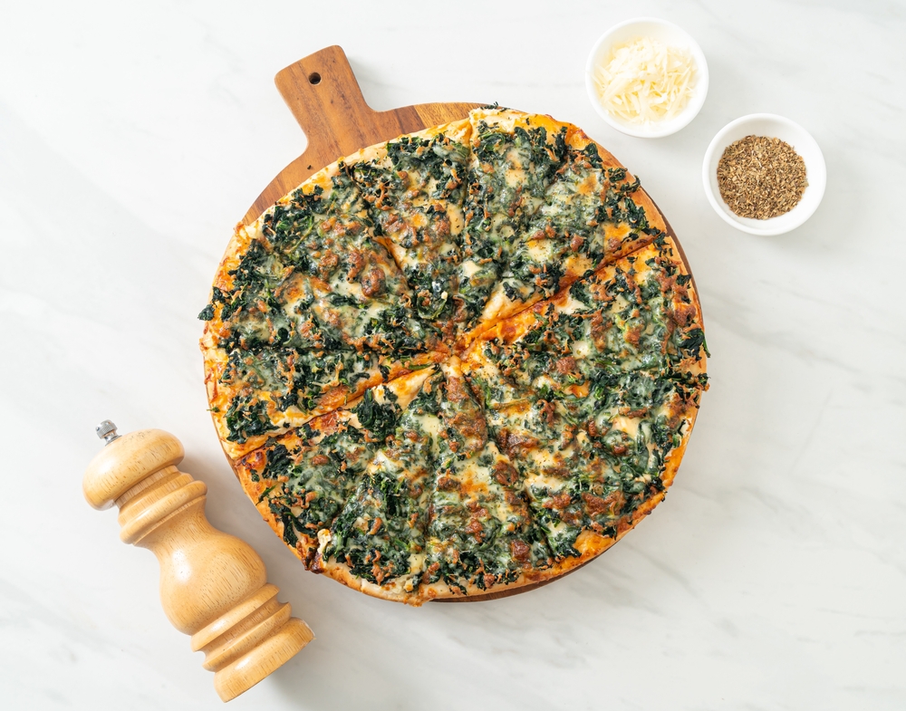 Spinach,And,Cheese,Pizza,On,Wood,Tray,-,Vegan,And