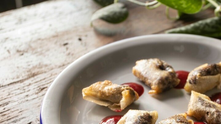 Photo © 2019 The Grosby Group Food Division

Crispy blood sausage with Raspberry sauce

raspberry sauce
raspberries
2 tbsp sugar
1 1/2 cup  of rum

cook over medium heat
for 10 min and strain

black sausage
2 small black sausages
1 1/2 tbsp of whipping cream

cut puff pastry in squares
fill with blood sausage and wrap
fry in sunflower oil
place sauce points