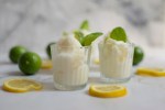Dos vasos de cristal con sorbete de mezcal y lima decorados con rodajas de limón