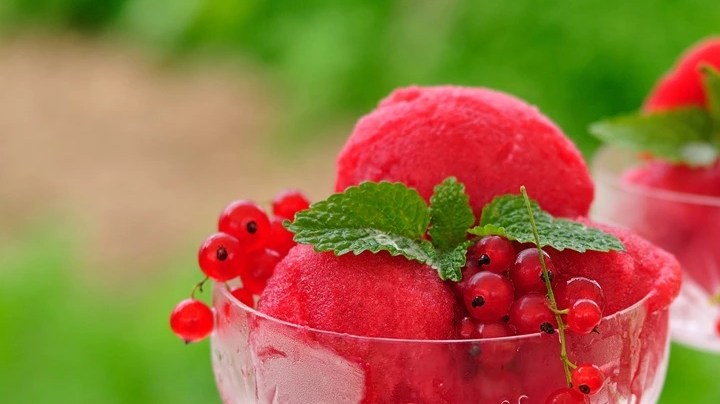 Sorbete de vino tinto con frutos secos del bosque en copas de cristal sobre una mesa blanca