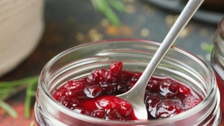 Frascos de vidrio con mermelada de frutos rojos, sobre una tabla de madera y cubiertos encima