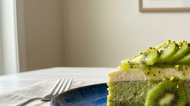 Pedazo de cheesecake de kiwi sobre un plato azul