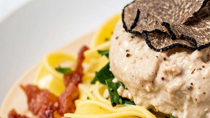 Plato de pastas con mousse de tocineta