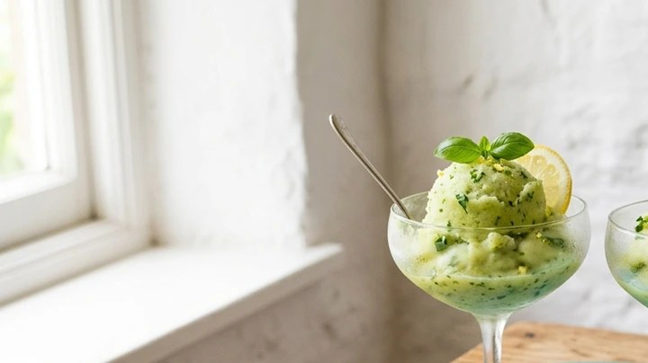 Sorbete de albahaca y limón en copas de cristales