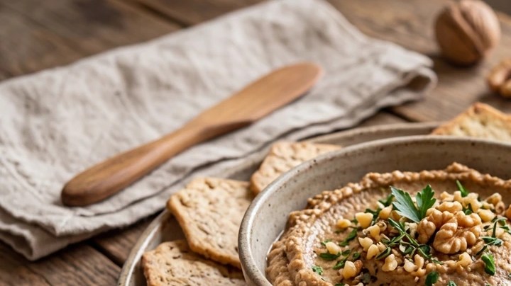 Paté de nueces en una bandera con galletas
