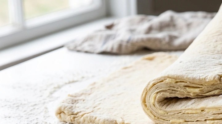 Masa de hojaldre sobre una mesa con harina