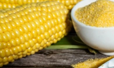 Polenta en un plato blanco sobre una mesa gris